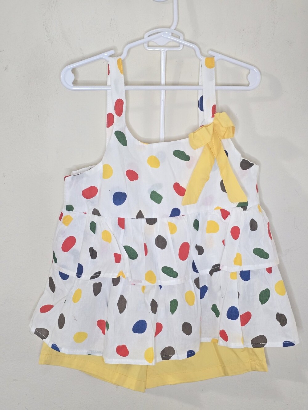 Girls Polka Dot Ruffle Tank & Yellow Shorts Set Size 120 Summer Outfit Bow